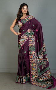 Patachitra Hand Fabric Art on Soft Bishnupuri Katan Silk Saree in Wine Berry, Off White and Multicolored