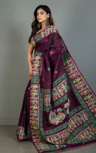 Patachitra Hand Fabric Art on Soft Bishnupuri Katan Silk Saree in Wine Berry, Off White and Multicolored