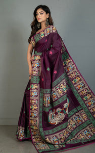 Patachitra Hand Fabric Art on Soft Bishnupuri Katan Silk Saree in Wine Berry, Off White and Multicolored