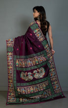 Patachitra Hand Fabric Art on Soft Bishnupuri Katan Silk Saree in Wine Berry, Off White and Multicolored
