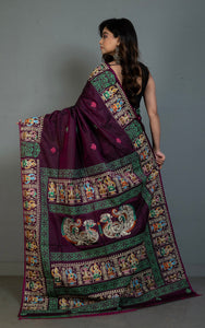 Patachitra Hand Fabric Art on Soft Bishnupuri Katan Silk Saree in Wine Berry, Off White and Multicolored