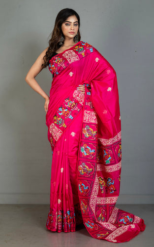 Patachitra Hand Painting on Soft Bishnupuri Katan Silk Saree in Raspberry, Off White and Multicolored