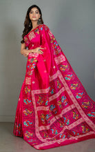 Patachitra Hand Painting on Soft Bishnupuri Katan Silk Saree in Raspberry, Off White and Multicolored
