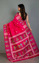 Patachitra Hand Painting on Soft Bishnupuri Katan Silk Saree in Raspberry, Off White and Multicolored