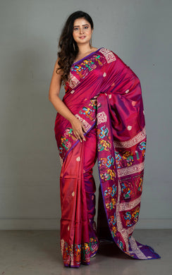 Patachitra Hand Painting on Soft Bishnupuri Katan Silk Saree in Red Purple, Off White and Multicolored