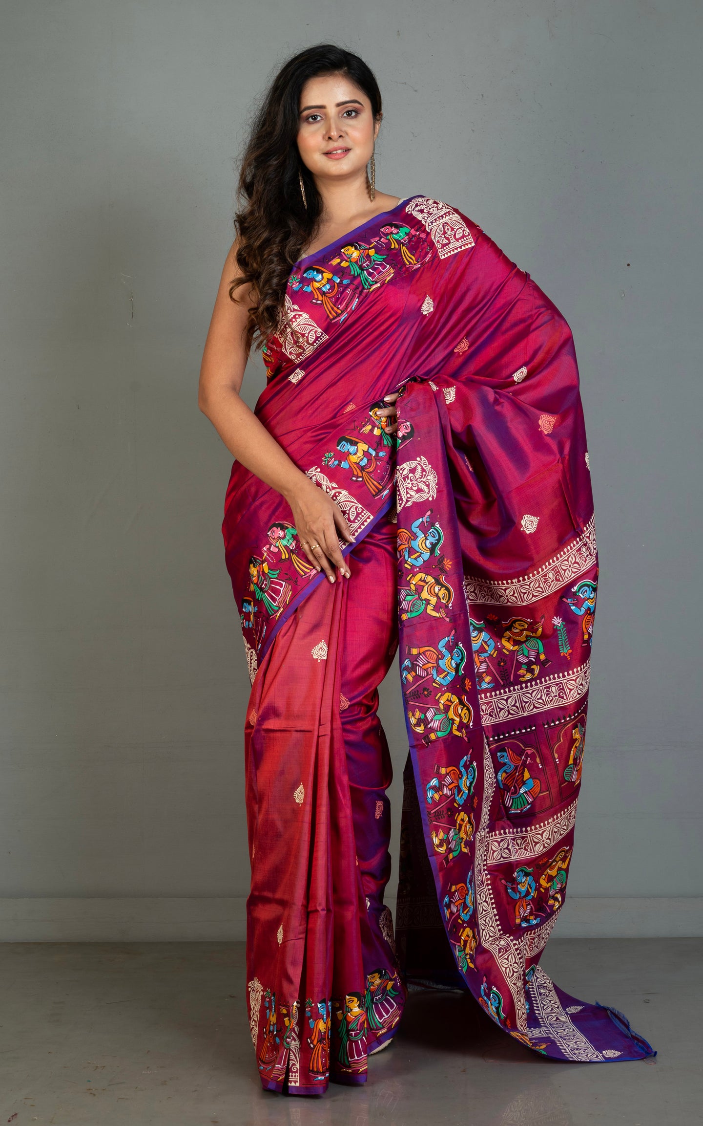 Patachitra Hand Fabric Art on Soft Bishnupuri Katan Silk Saree in Red Purple, Off White and Multicolored