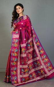 Patachitra Hand Fabric Art on Soft Bishnupuri Katan Silk Saree in Red Purple, Off White and Multicolored