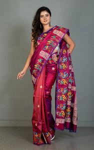 Patachitra Hand Fabric Art on Soft Bishnupuri Katan Silk Saree in Red Purple, Off White and Multicolored