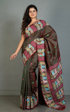 Patachitra Hand Painting on Soft Bishnupuri Katan Silk Saree in Tobacco Brown, Off White and Multicolored