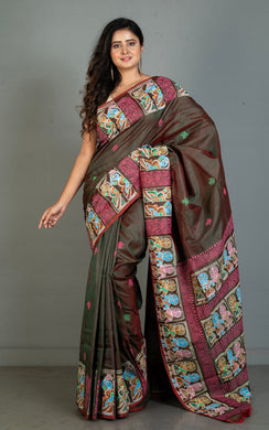 Patachitra Hand Painting on Soft Bishnupuri Katan Silk Saree in Tobacco Brown, Off White and Multicolored