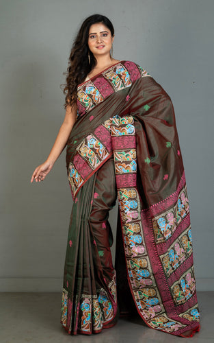 Patachitra Hand Painting on Soft Bishnupuri Katan Silk Saree in Tobacco Brown, Off White and Multicolored