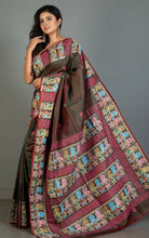 Patachitra Hand Painting on Soft Bishnupuri Katan Silk Saree in Tobacco Brown, Off White and Multicolored