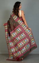 Patachitra Hand Painting on Soft Bishnupuri Katan Silk Saree in Tobacco Brown, Off White and Multicolored
