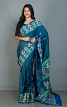 Bishnupuri Patachitra Hand Fabric Art Katan Silk Saree — Peacock Teal Blue