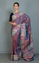 Bishnupuri Patachitra Hand Fabric Art Katan Silk Saree — Dual-Tone Wine & Blue