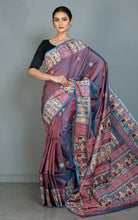 Bishnupuri Patachitra Hand Fabric Art Katan Silk Saree — Dual-Tone Wine & Blue