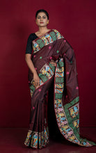 Patachitra Hand Fabric Art on Soft Bishnupuri Katan Silk Saree in Garnet, Bright Pink and Multicolored