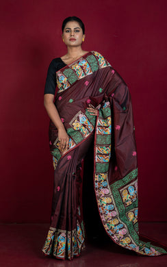 Patachitra Hand Fabric Art on Soft Bishnupuri Katan Silk Saree in Garnet, Bright Pink and Multicolored