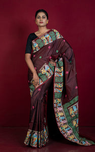 Patachitra Hand Fabric Art on Soft Bishnupuri Katan Silk Saree in Garnet, Bright Pink and Multicolored