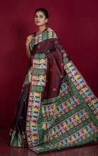 Patachitra Hand Fabric Art on Soft Bishnupuri Katan Silk Saree in Garnet, Bright Pink and Multicolored