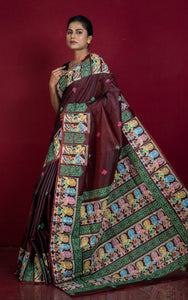 Patachitra Hand Fabric Art on Soft Bishnupuri Katan Silk Saree in Garnet, Bright Pink and Multicolored