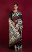 Patachitra Hand Fabric Art on Soft Bishnupuri Katan Silk Saree in Garnet, Bright Pink and Multicolored