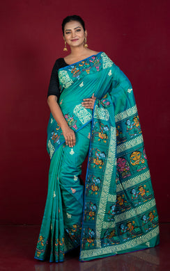 Patachitra Hand Fabric Art on Soft Bishnupuri Katan Silk Saree in Sea Green, Cobalt Bue, Off White and Multicolored