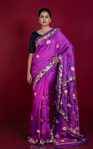 Parsi Hand Work on Soft Bishnupuri Katan Silk Saree in Bright Purple and Multicolored