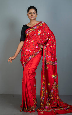 Parsi Hand Work on Soft Bishnupuri Katan Silk Saree in Red and Multicolored