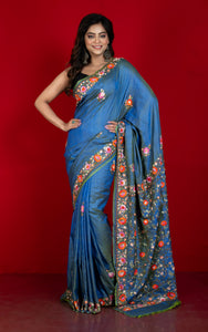 Parsi Hand Work on Soft Bishnupuri Katan Silk Saree in Muted Blue, Dark Salmon and Multicolored