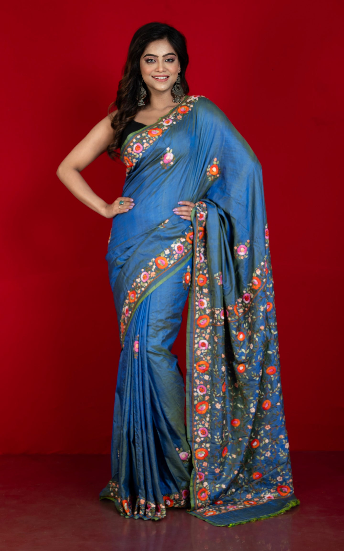 Parsi Hand Work on Soft Bishnupuri Katan Silk Saree in Muted Blue, Dark Salmon and Multicolored