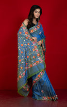 Parsi Hand Work on Soft Bishnupuri Katan Silk Saree in Muted Blue, Dark Salmon and Multicolored
