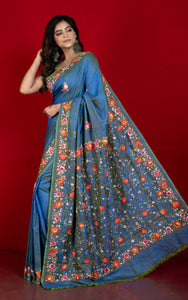 Parsi Hand Work on Soft Bishnupuri Katan Silk Saree in Muted Blue, Dark Salmon and Multicolored