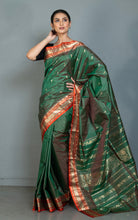 Handwoven Soft Bishnupuri Jaam Katan Silk Saree in Clove Green, Portland Orange and Matt Gold