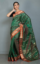 Handwoven Soft Bishnupuri Jaam Katan Silk Saree in Clove Green, Portland Orange and Matt Gold