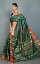 Handwoven Soft Bishnupuri Jaam Katan Silk Saree in Clove Green, Portland Orange and Matt Gold