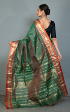 Handwoven Soft Bishnupuri Jaam Katan Silk Saree in Clove Green, Portland Orange and Matt Gold