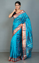 Handwoven Soft Bishnupuri Jaam Katan Silk Saree in Turquoise Blue, Portland Orange and Matt Gold