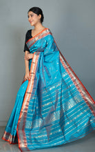 Handwoven Soft Bishnupuri Jaam Katan Silk Saree in Turquoise Blue, Portland Orange and Matt Gold