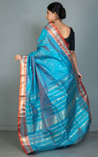 Handwoven Soft Bishnupuri Jaam Katan Silk Saree in Turquoise Blue, Portland Orange and Matt Gold