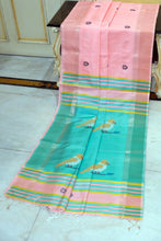 Handwoven Bishnupuri Kalakshetra Katan Silk Saree in Soft Pink, Medium Turquoise, Yellow and Dark Brown
