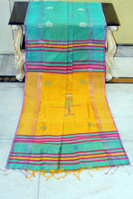 Handwoven Bishnupuri Kalakshetra Katan Silk Saree in Medium Turquoise, Bee Yellow, Off White and Purple