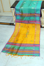 Handwoven Bishnupuri Kalakshetra Katan Silk Saree in Medium Turquoise, Bee Yellow, Off White and Purple