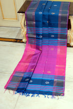 Handwoven Bishnupuri Kalakshetra Katan Silk Saree in Dusky Blue, Purplish Pink, Off White and Parmesan