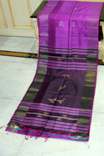 Handwoven Bishnupuri Kalakshetra Katan Silk Saree in Puprle, Off White, Parmesan and Dark Byzantium