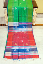 Handwoven Bishnupuri Kalakshetra Katan Silk Saree in Leafy Green, Tory Blue and Terracotta Red