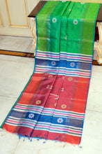 Handwoven Bishnupuri Kalakshetra Katan Silk Saree in Leafy Green, Tory Blue and Terracotta Red