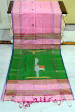 Handwoven Bishnupuri Kalakshetra Katan Silk Saree in Baby Pink, Dark Brown, Parmesan and Irish Green