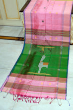 Handwoven Bishnupuri Kalakshetra Katan Silk Saree in Baby Pink, Dark Brown, Parmesan and Irish Green