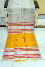 Handwoven Bishnupuri Kalakshetra Katan Silk Saree in Platinum White, Navy Blue, Red and Honey Yellow